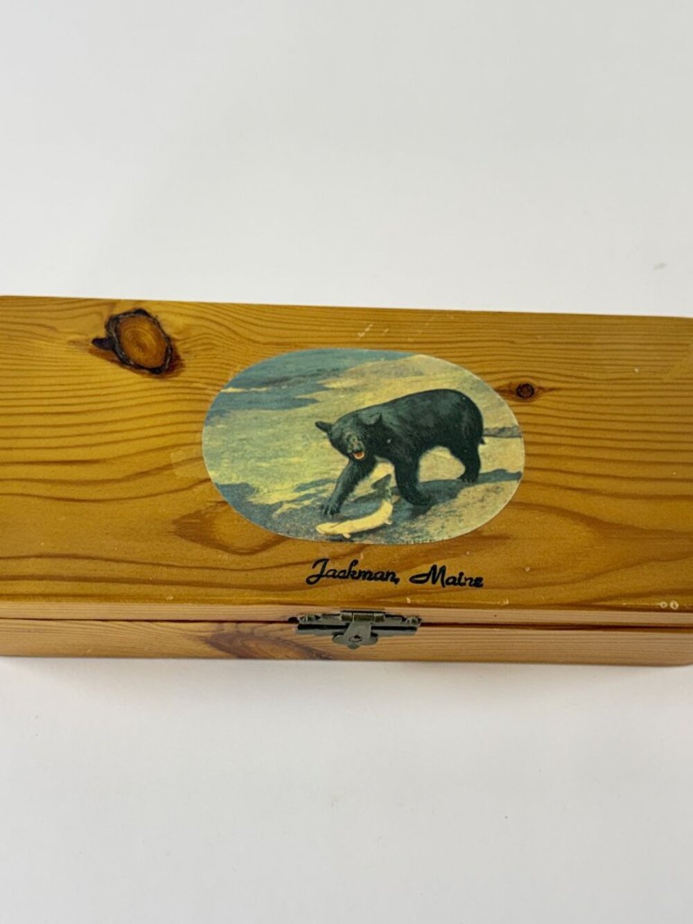 Vintage Wooden Trinket Box w/Hinged Lid  Jackson, Maine Keepsake Rectangular Box